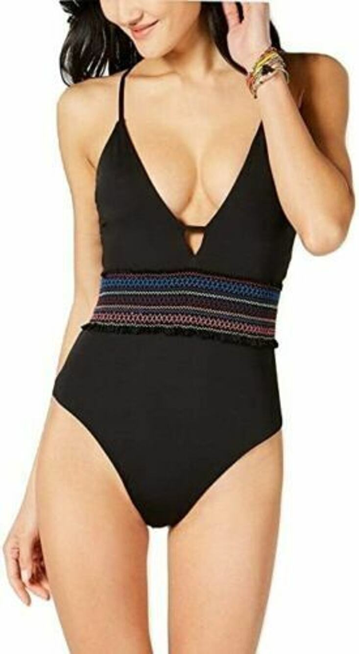 Bar III Smocked Plunging One Piece Swimsuit Black XL New Rainbow Embroidered